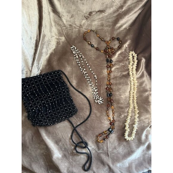 Black Beaded Drawstring Evening Bag Prom Formal 20s Flapper Accessory Purse READ - Picture 8 of 16